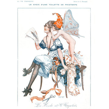 Rice paper featuring a vintage French scene of a young fairy in a red cap whispering to a woman in a blue dress sitting on a bench with fabric.