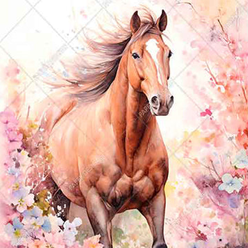 Close-up of a rice paper featuring a majestic brown horse galloping through a beautiful pink floral background.