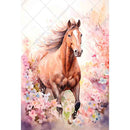 Rice paper featuring a majestic brown horse galloping through a beautiful pink floral background.