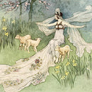 Close-up of a rice paper featuring a watercolor painting of a dreamy scene of a graceful woman in a flowing gown, beside fluffy lambs in a vibrant green meadow dotted with blooms.