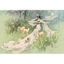 Rice paper featuring a watercolor painting of a dreamy scene of a graceful woman in a flowing gown, beside fluffy lambs in a vibrant green meadow dotted with blooms.