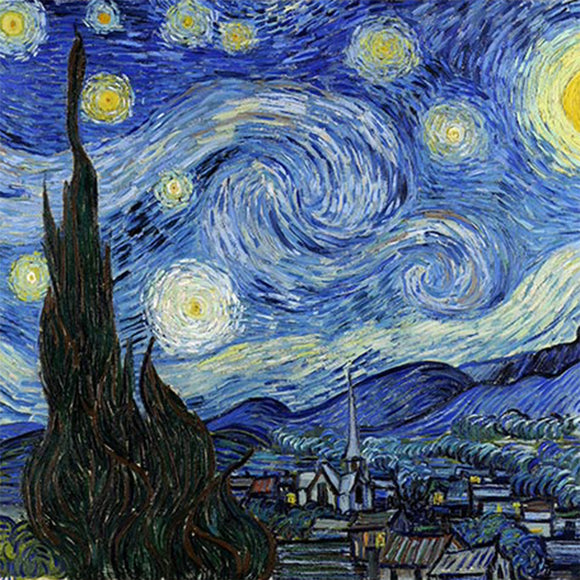 Close-up of a rice paper featuring Van Gogh's famous Starry Night painting.