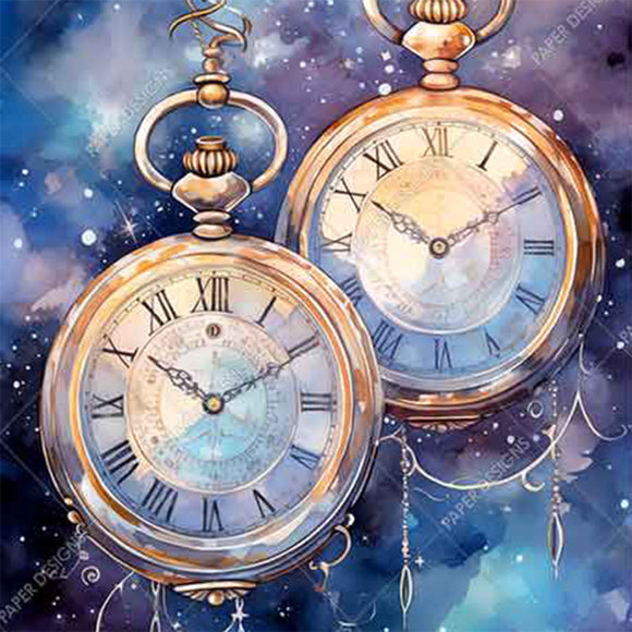 Close-up of a rice paper featuring two suspended pocket watches against a vibrant pink and purple galaxy watercolor painting.