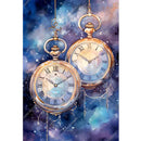 Rice paper featuring two suspended pocket watches against a vibrant pink and purple galaxy watercolor painting.