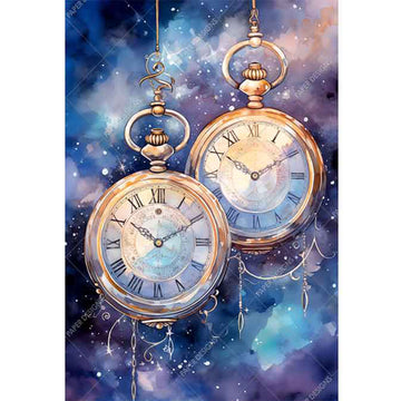 Rice paper featuring two suspended pocket watches against a vibrant pink and purple galaxy watercolor painting.