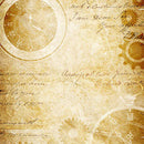 Close-up of a rice paper featuring a sepia-toned vintage document with script over cogs, gears, and clock faces. 