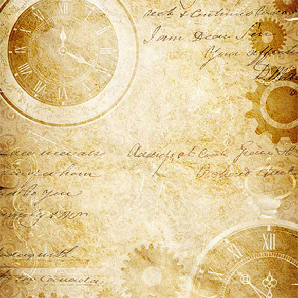 Close-up of a rice paper featuring a sepia-toned vintage document with script over cogs, gears, and clock faces. 
