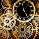 Close-up of a rice paper featuring an elegant  intricate design of golden cogs and gears running a single clock face. 