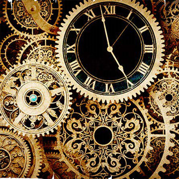 Close-up of a rice paper featuring an elegant  intricate design of golden cogs and gears running a single clock face. 