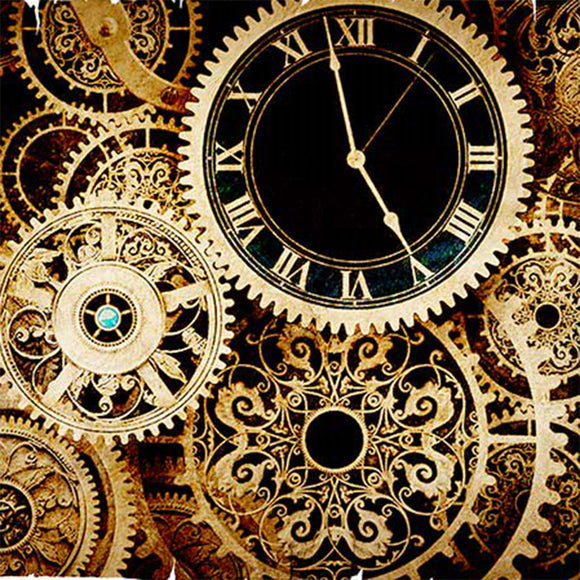 Close-up of a rice paper featuring an elegant  intricate design of golden cogs and gears running a single clock face. 
