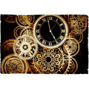 Rice paper featuring an elegant  intricate design of golden cogs and gears running a single clock face. 