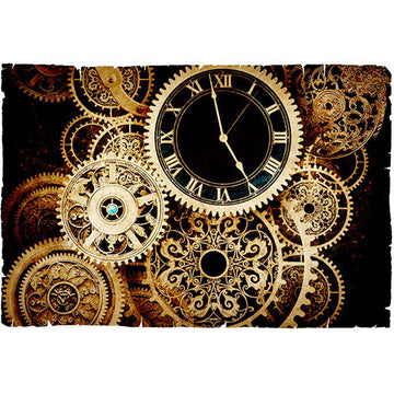 Rice paper featuring an elegant  intricate design of golden cogs and gears running a single clock face. 