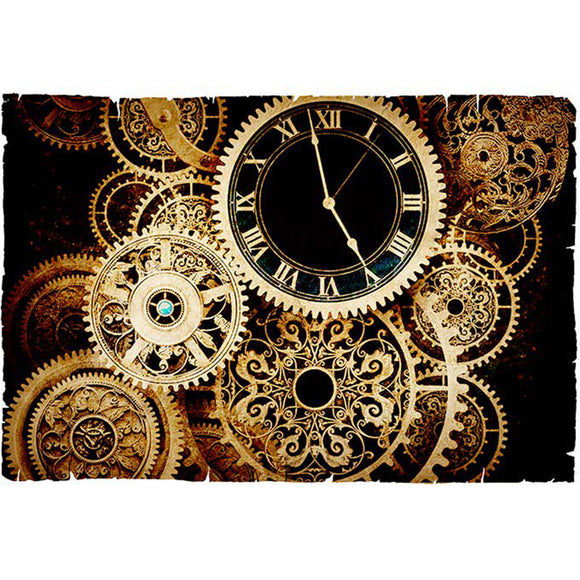 Rice paper featuring an elegant  intricate design of golden cogs and gears running a single clock face. 
