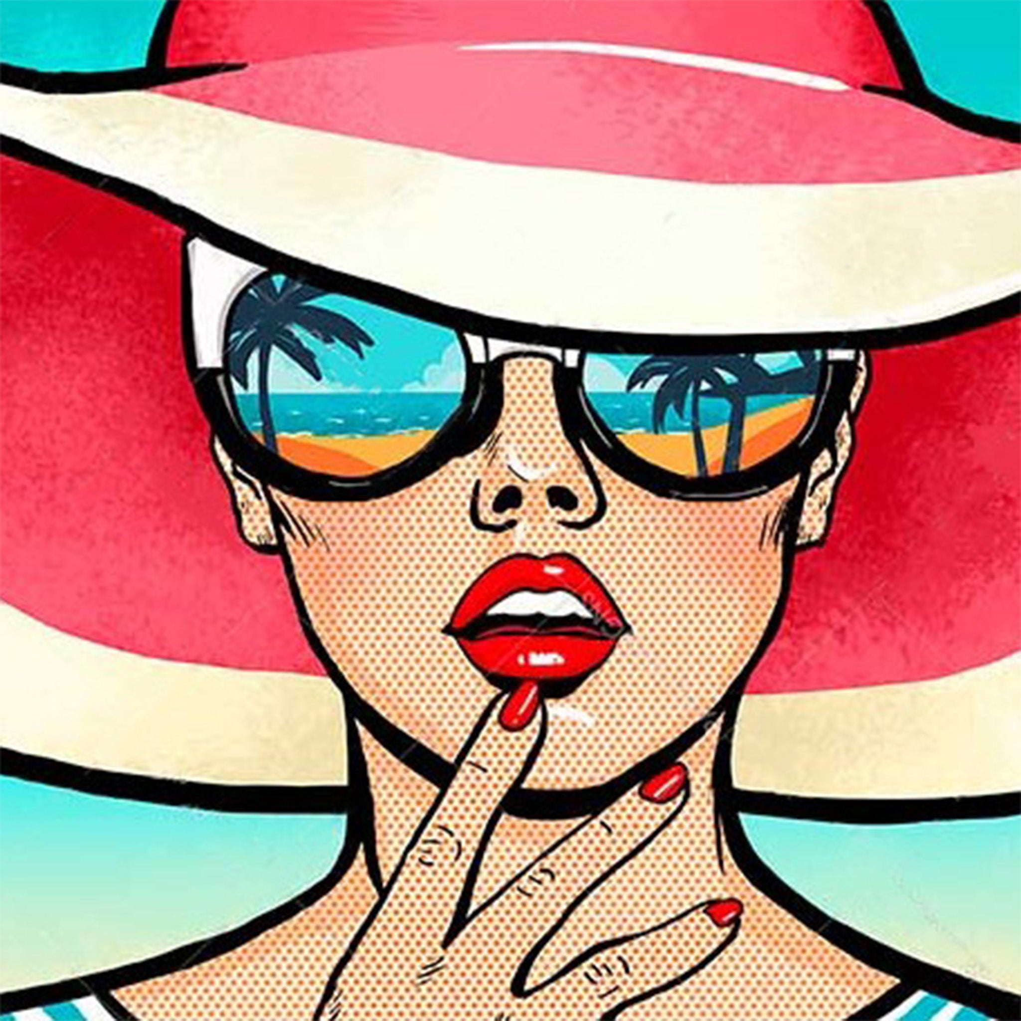 Close-up of a rice paper featuring a comic-style woman in a sun hat with palm tree reflections on her sunglasses.