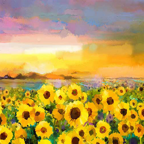 Close-up of a rice paper featuring a stunning watercolor scene of a sunflower field at sunset.