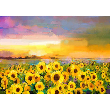 Rice paper featuring a stunning watercolor scene of a sunflower field at sunset.