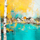 Close-up of a rice paper featuring a painting of an aqua blue lake, golden birch trees, and a quaint village in the distance.