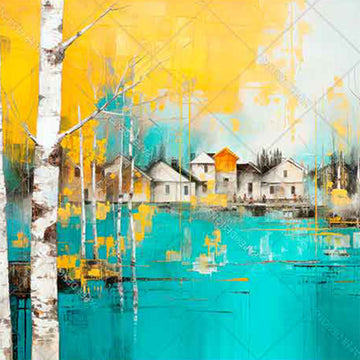 Close-up of a rice paper featuring a painting of an aqua blue lake, golden birch trees, and a quaint village in the distance.