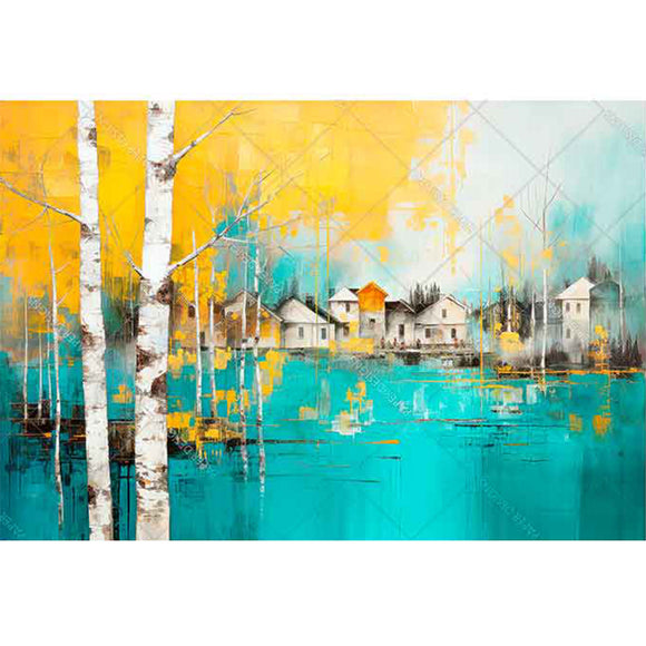 Rice paper featuring a painting of an aqua blue lake, golden birch trees, and a quaint village in the distance.