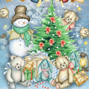 Close-up of a rice paper featuring adorable teddy bears and a snowman gathered around a snowman by a Christmas tree and teddy bears in cardboard airplanes all against a winter blue background with stars.