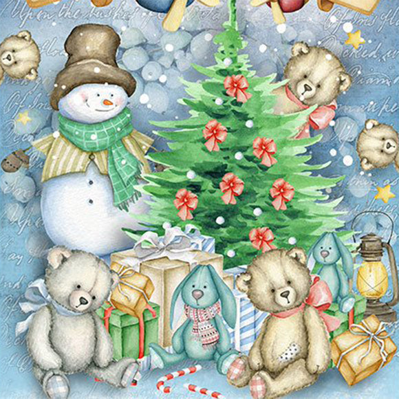 Close-up of a rice paper featuring adorable teddy bears and a snowman gathered around a snowman by a Christmas tree and teddy bears in cardboard airplanes all against a winter blue background with stars.