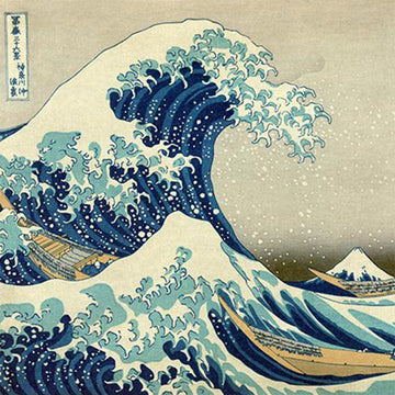 Close-up of a rice paper featuring a Japanese inspired drawing of long boats in crashing blue waves against a beige sky with Mt. Fuji in the distance.