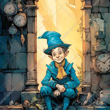 Close-up of a rice paper featuring a cartoon design of an elf in a blue suit and hat sitting on a sunlit tower window sill surrounded by clocks.