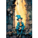 Rice paper featuring a cartoon design of an elf in a blue suit and hat sitting on a sunlit tower window sill surrounded by clocks.