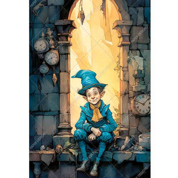 Rice paper featuring a cartoon design of an elf in a blue suit and hat sitting on a sunlit tower window sill surrounded by clocks.