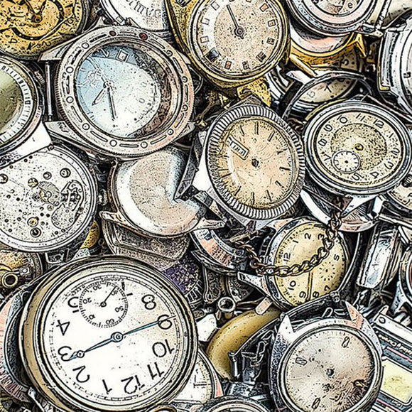 Close-up of a rice paper featuring a pile of vintage pocket watches.