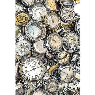 Rice paper featuring a pile of vintage pocket watches.