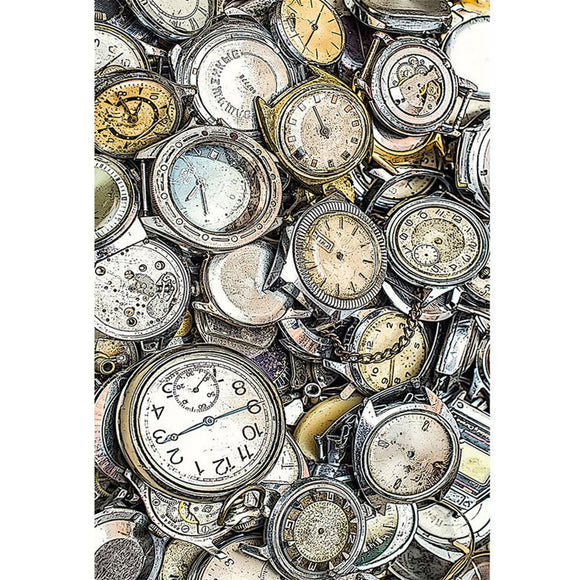 Rice paper featuring a pile of vintage pocket watches.