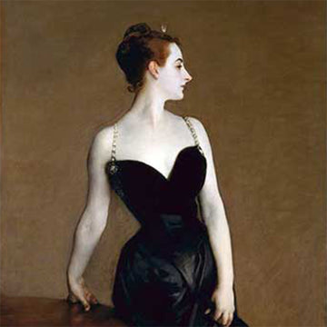 Close-up of a rice paper design that features a painting of a woman in a stunning black evening dress standing next to a side table.