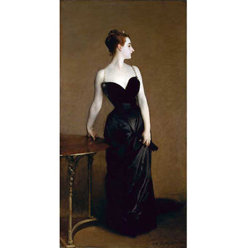 Rice paper design that features a painting of a woman in a stunning black evening dress standing next to a side table. White borders are on the sides.