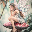 Close-up of 'Toadstool Fairy' decoupage paper by Paper Designs Italy, featuring a dreamy young fairy with delicate pink and white wings and a floral crown, sitting thoughtfully on a red-capped mushroom.