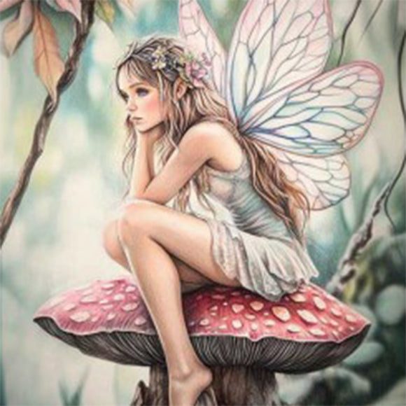 Close-up of 'Toadstool Fairy' decoupage paper by Paper Designs Italy, featuring a dreamy young fairy with delicate pink and white wings and a floral crown, sitting thoughtfully on a red-capped mushroom.