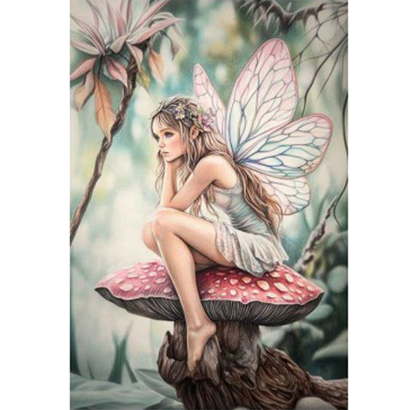 Full sheet of 'Toadstool Fairy' decoupage paper from Paper Designs Italy, showing a woodland fairy with butterfly wings and a white dress perched on a large toadstool, surrounded by softly shaded forest foliage and oversized flowers.