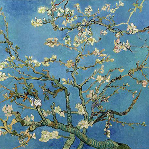 Close-up of a rice paper featuring a beautiful blue background with twisting branches and blooming flowers.