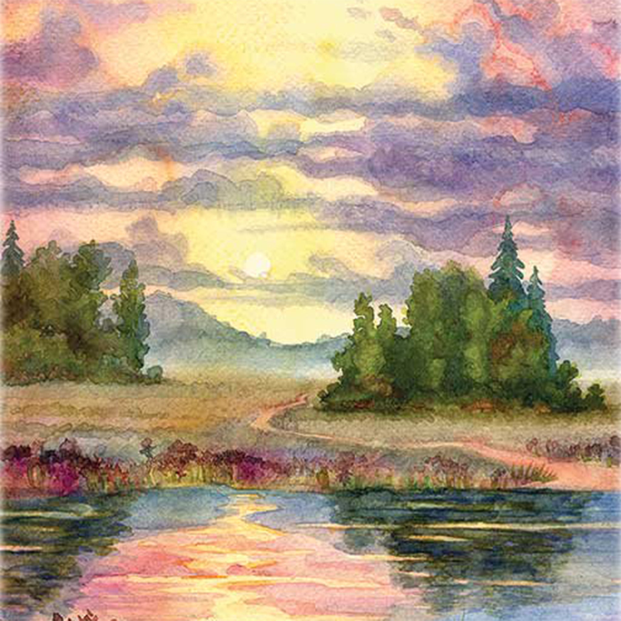 Close-up of a rice paper featuring a watercolor painting of a serene lake with spots of forests against a purple cloud sky.