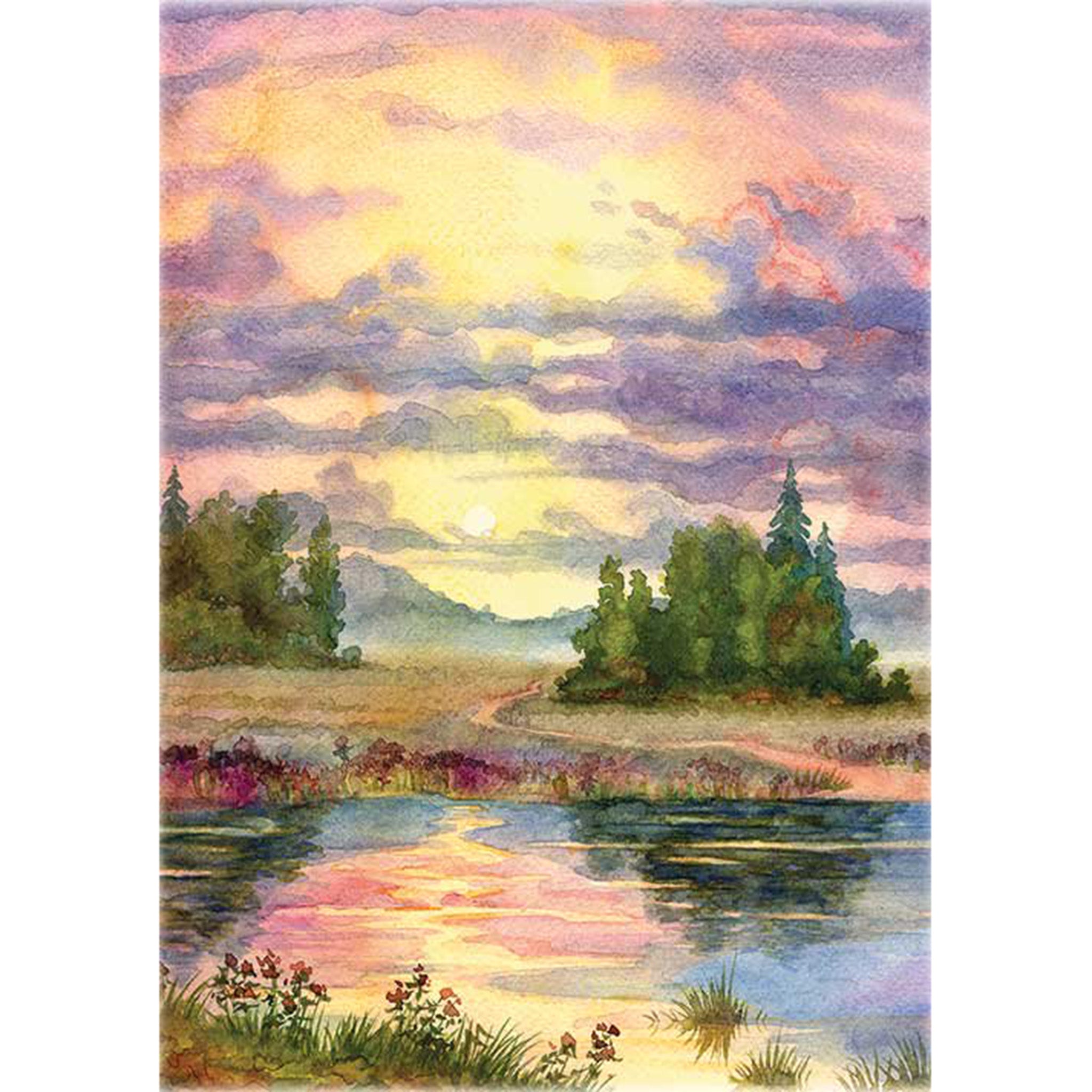 Rice paper featuring a watercolor painting of a serene lake with spots of forests against a purple cloud sky.