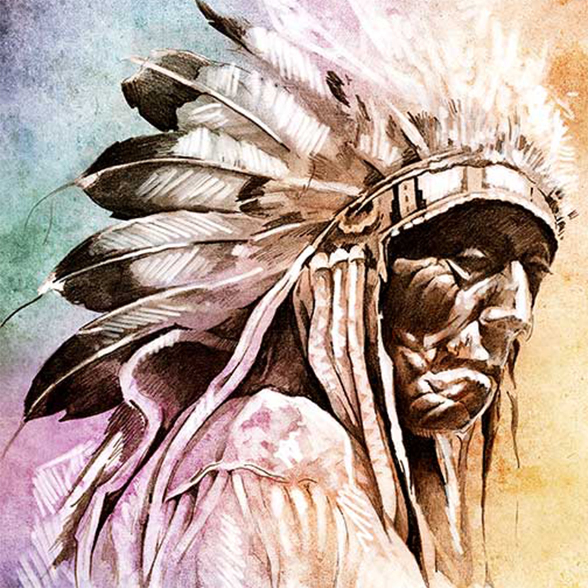 Close-up of a rice paper featuring a watercolor pastel design of a wise Native American Chief. 