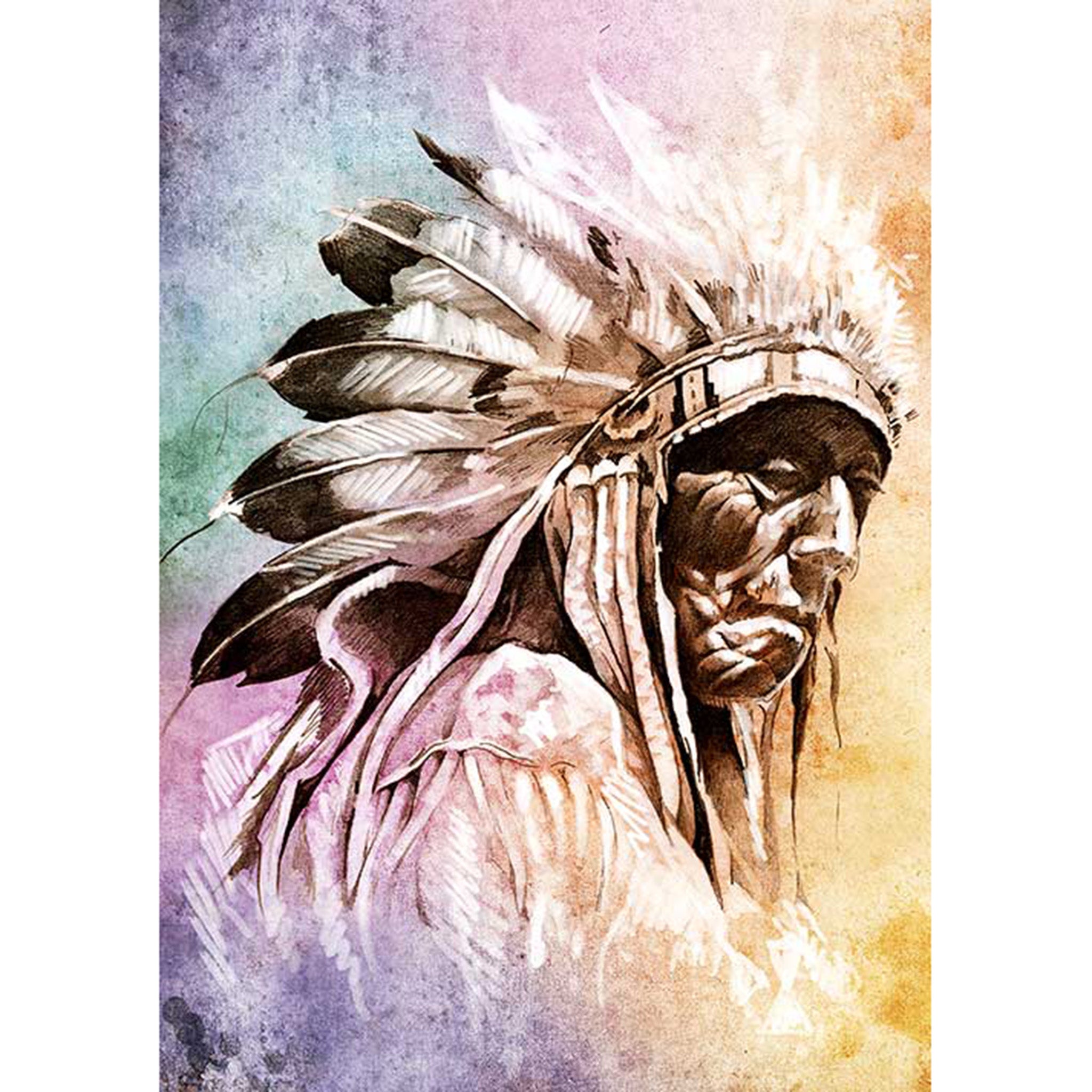 Rice paper featuring a watercolor pastel design of a wise Native American Chief. White borders are on the sides.