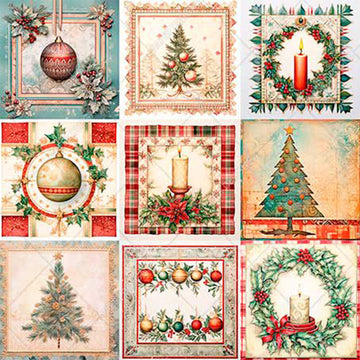 Close-up of a rice paper featuring a festive mix of twelve charming scenes filled with Christmas trees, ornaments, wreaths, candles, and more.