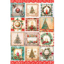 Rice paper featuring a festive mix of twelve charming scenes filled with Christmas trees, ornaments, wreaths, candles, and more.