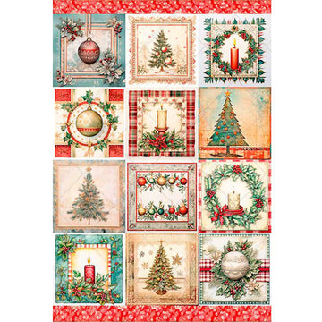 Rice paper featuring a festive mix of twelve charming scenes filled with Christmas trees, ornaments, wreaths, candles, and more.