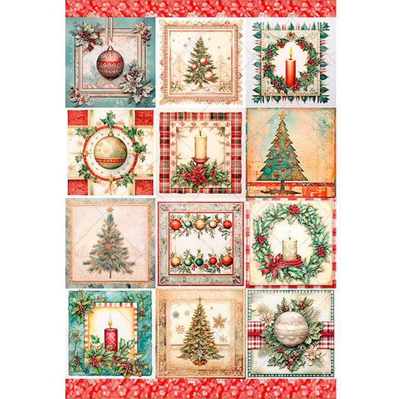 Rice paper featuring a festive mix of twelve charming scenes filled with Christmas trees, ornaments, wreaths, candles, and more.
