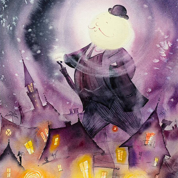 Close-up of a rice paper featuring a watercolor painting of a stunning giant with a full moon for a head, strolling through a cityscape against a purple night sky.