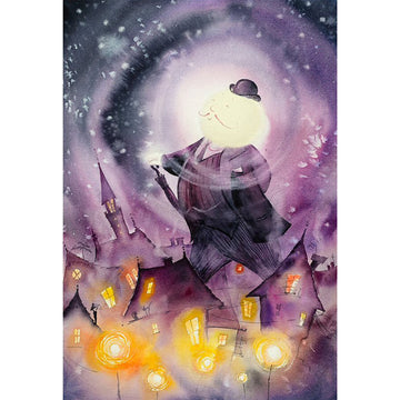 Rice paper featuring a watercolor painting of a stunning giant with a full moon for a head, strolling through a cityscape against a purple night sky.