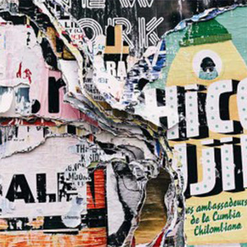 Close-up of a rice paper featuring a collage of stacked advertisement pages ripped apart.