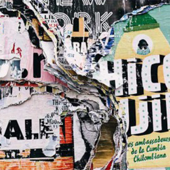 Close-up of a rice paper featuring a collage of stacked advertisement pages ripped apart.